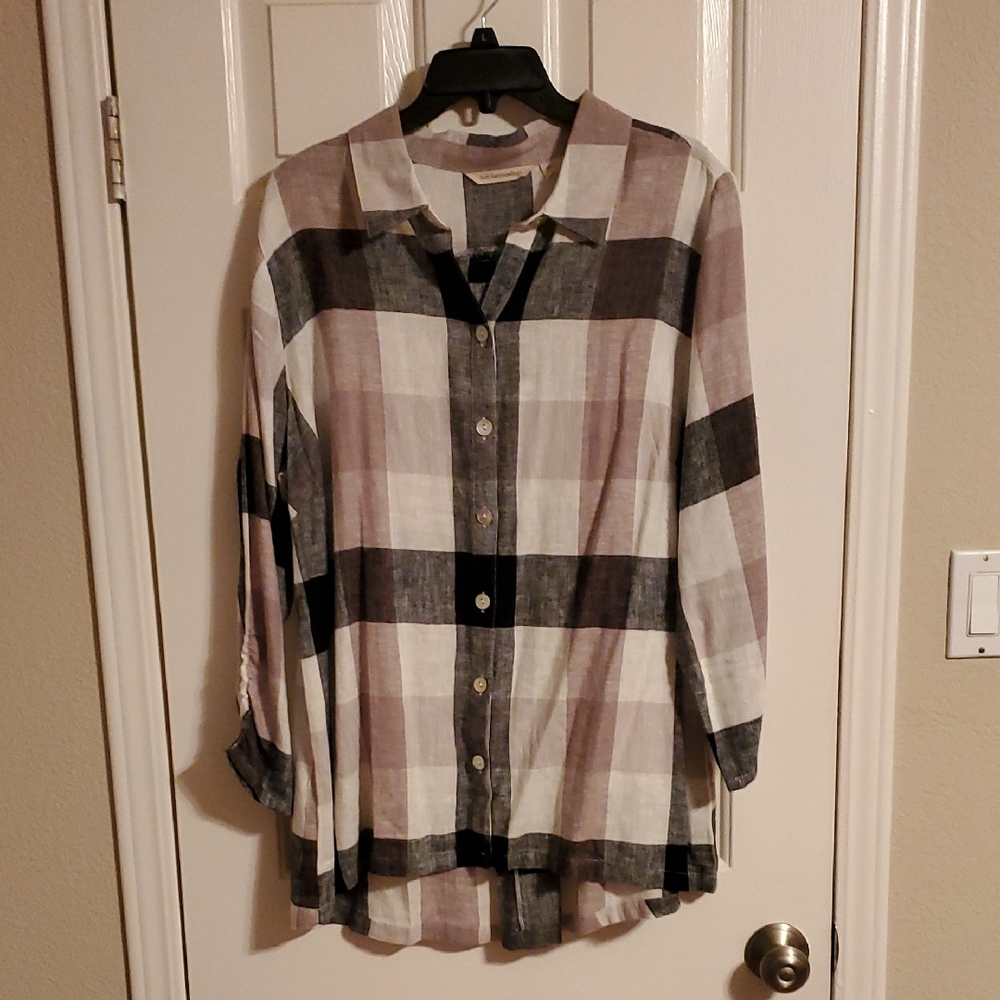 Soft Surroundings Plaid Button Down Shirt - Black, White, Gray.